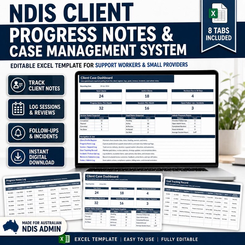 May include: A laptop displaying an Excel template for NDIS client progress notes and case management. The template includes sections for tracking client notes, logging sessions, and managing follow-ups. The text on the screen reads "NDIS CLIENT PROGRESS NOTES & CASE MANAGEMENT SYSTEM".