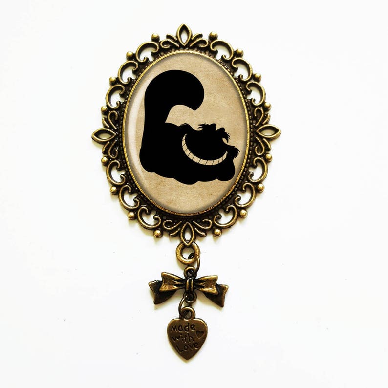 Alice in Wonderland Cheshire Cat Semi Circle Wood Print Brooch