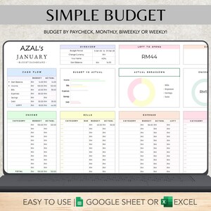 May include: A digital budget planner on a laptop screen. The spreadsheet is labelled "Simple Budget" and features sections for cash flow, income, bills, and expenses. The text "Easy to Use Google Sheet or Excel" is at the bottom of the screen.