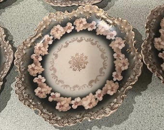 Juego de 6 platos de postre antiguos de porcelana Rosenthal de R.C. Monbijou Bavaria, con relieve floral y detalles dorados, estilo victoriano.