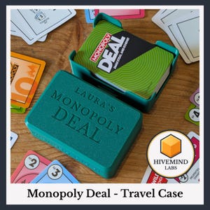 Puede incluir: Un estuche de almacenamiento de plástico color verde azulado para un juego de cartas, con el texto en relieve "LAURA'S MONOPOLY DEAL" en la tapa. El estuche se muestra con un mazo de cartas Monopoly Deal dentro, rodeado de varias cartas de juego sobre una superficie de madera.