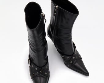 Vintage Christian Dior Black Leather Buckle Harness Ankle Boots EU 36 | John Galliano Era Grommet Boots