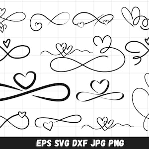 Könnte beinhalten: Eine Sammlung schwarzer Strichzeichnungen mit Herzen und Unendlichkeitszeichen. Die Designs variieren im Stil, einige haben mehrere Herzen und andere ein einzelnes Herz. Das Bild enthält den Text "EPS SVG DXF JPG PNG".