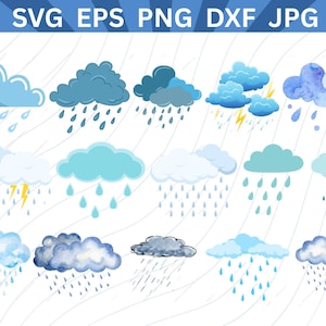 May include: A collection of illustrated cloud graphics in various shades of blue and gray, with raindrops and lightning bolts. The image includes the text "SVG EPS PNG DXF JPG" at the top, suggesting digital design files.
