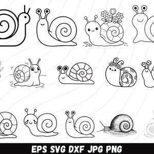 May include: A collection of black and white snail illustrations in various styles. Some snails have flowers, while others have decorative shells. The image includes the text "EPS SVG DXF JPG PNG" at the bottom.