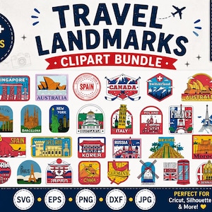 Puede incluir: Un paquete de imágenes prediseñadas digitales para descargar con más de 25 diseños coloridos de monumentos de viaje. La colección incluye iconos ilustrados de lugares globales como Singapur, Australia, España, Canadá, Suiza, Italia y Francia.