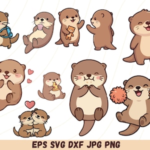 May include: A collection of cartoon otters in various poses. Some otters are holding a teddy bear, a seashell, and pizza. One otter is wearing a backpack, and another is holding pom-poms. The otters are brown and tan with smiling faces.