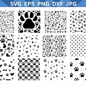 May include: A collection of black and white patterns featuring paw prints, bones, and hearts. The patterns are suitable for various design applications, with the text "SVG EPS PNG DXF JPG" at the top.