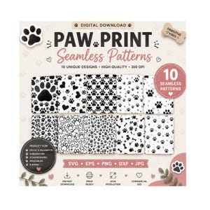 Paw Seamless Pattern SVG, Dog Bone Pet Graphics (Digital Download)