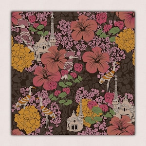 May include: A floral pattern featuring large hibiscus flowers in shades of pink and coral, interspersed with yellow blooms and smaller pink flowers. The design includes stylized birds and architectural elements on a dark brown background.