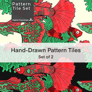 Puede incluir: Azulejos de patrones dibujados a mano con un diseño repetido de peces rojos y verdes con aletas grandes y fluidas. Los peces están sobre un fondo crema y negro. El texto "Pattern Tile Set" y "Hand-Drawn Pattern Tiles Set of 2" son visibles.