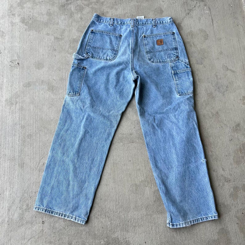 34x28.5 Carhartt blue denim jeans double knee work wear carpenter pants image 5