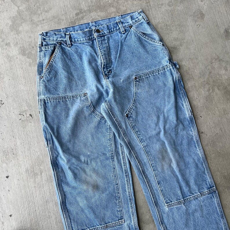 34x28.5 Carhartt blue denim jeans double knee work wear carpenter pants image 2