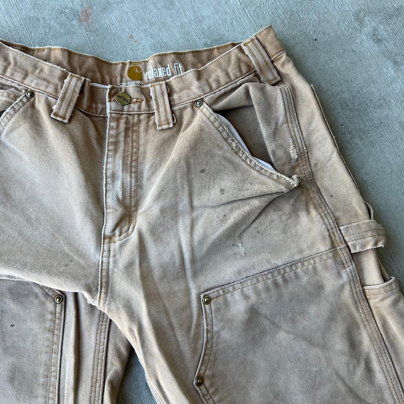 Pantalones de carpintero Carhartt de trabajo con doble rodilla descolorida en marrón, talla 32 x 32 imagen 2