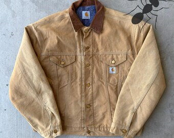 Vtg 80s 90s Carhartt Trucker Jacket Brown Tan XS Made in USA