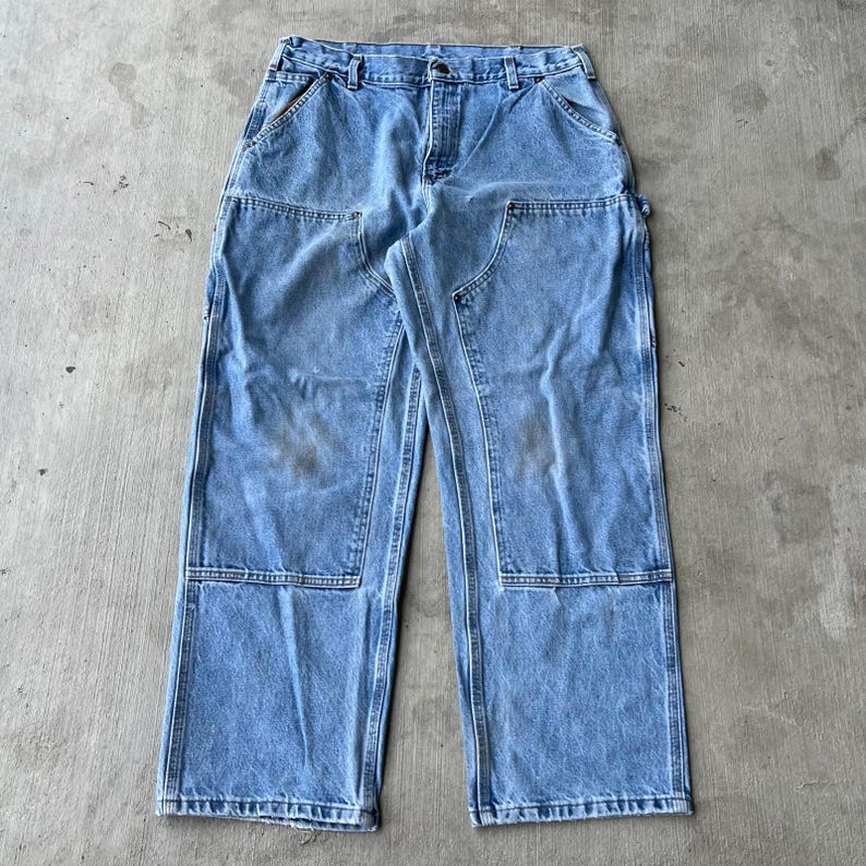 34x28.5 Carhartt blue denim jeans double knee work wear carpenter pants image 1