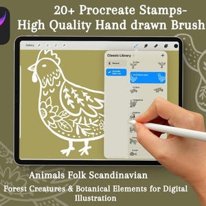 Peut inclure: Illustration numérique sur tablette avec un motif de poulet blanc de style folk art. L'écran affiche un ensemble de pinceaux avec des éléments animaliers et botaniques. Le texte indique "20+ Procreate Stamps" et "Animals Folk Scandinavian".