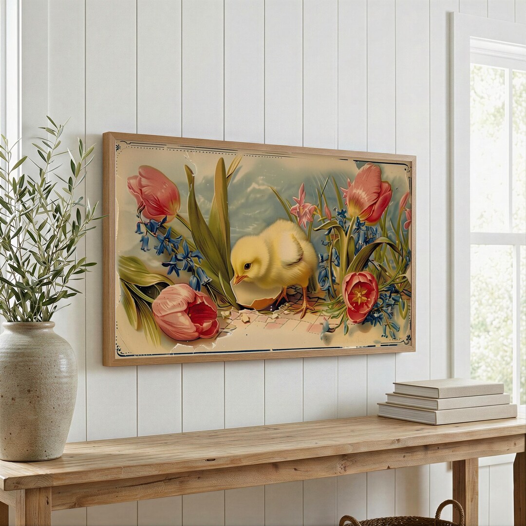 Hatching Easter Chick & Tulips — Vintage Victorian Frame TV Art Digital ...