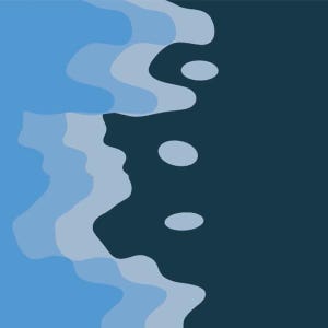 May include: Abstract digital art featuring a color palette of blues and navy. The design includes flowing, organic shapes and three oval shapes against a dark background. The artwork evokes a sense of fluidity and depth.