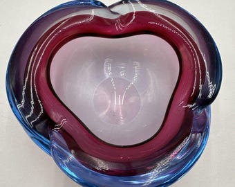 Vtg Murano Seguso Cranberry Blue Sommerso MCM Italian Glass Bowl Ashtray
