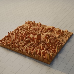 Könnte beinhalten: Ein quadratisches, hellbraunes 3D-Modell eines Stadtplans mit zahlreichen vertikalen Strukturen unterschiedlicher Höhe, die in einem dichten Raster angeordnet sind und eine Stadtlandschaft mit eingravierten Straßen und Blöcken nachbilden.