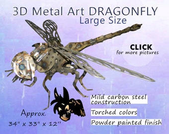 Large Steel Dragonfly Art: Torched Metal Garden Decor (34x33x12)