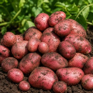 May include: A large pile of freshly harvested red potatoes with visible dark soil clinging to their skins. The potatoes vary in size and shape, featuring smooth, reddish-pink surfaces. They are resting on dark, loose earth in a garden setting.