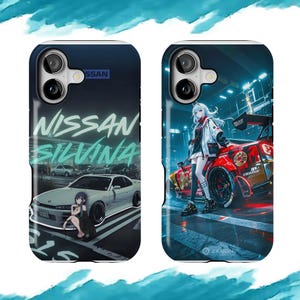 May include: Two phone cases featuring anime-style artwork. One case displays a white Nissan Silvia car with the text "NISSAN SILVIA" in teal. The other case shows a red car with a girl in front of it.