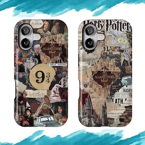 May include: Two phone cases with a collage design featuring images and text from the Harry Potter series. One case has a collage of characters and the Hogwarts Express. The other case has a collage of text and images.