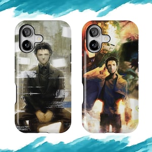May include: Two phone cases with anime-style illustrations. One case features a seated figure in a dark suit against a gray background. The other case displays a figure in a coat with a colorful, abstract background. Both cases have a camera cutout.