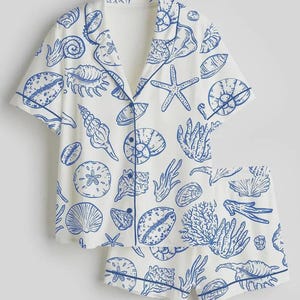 Pyjamasset i satin med havssnäcksmönster, kortärmade nattkläder för kvinnor, loungewear
