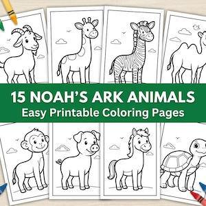 Puede incluir: Un conjunto de 15 páginas para colorear imprimibles con dibujos lineales de animales del Arca de Noé. Las páginas incluyen ilustraciones de cabra, jirafa, cebra, camello, mono, cerdo, caballo y tortuga. Se ven crayones.