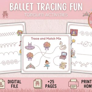 Puede incluir: Páginas de actividades para niños pequeños con temática de ballet, con ejercicios de trazo y emparejamiento. Las páginas presentan ilustraciones de bailarinas, tutús, instrumentos musicales y otros elementos relacionados con el ballet. El texto dice "BALLET TRACING FUN" y "TODDLER ACTIVITIES".
