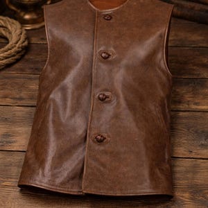 Peut inclure: Un gilet en cuir marron avec un col rond et quatre boutons sur le devant. Le gilet a un aspect légèrement vieilli, suggérant un style vintage ou rustique. Le vêtement est sans manches et semble bien construit.