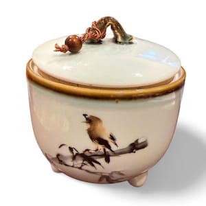 Scatola da tè vintage in porcellana giapponese Rushi Kitamura – Motivo a ramo dipinto a mano – Scatola da tè artigianale con timbro