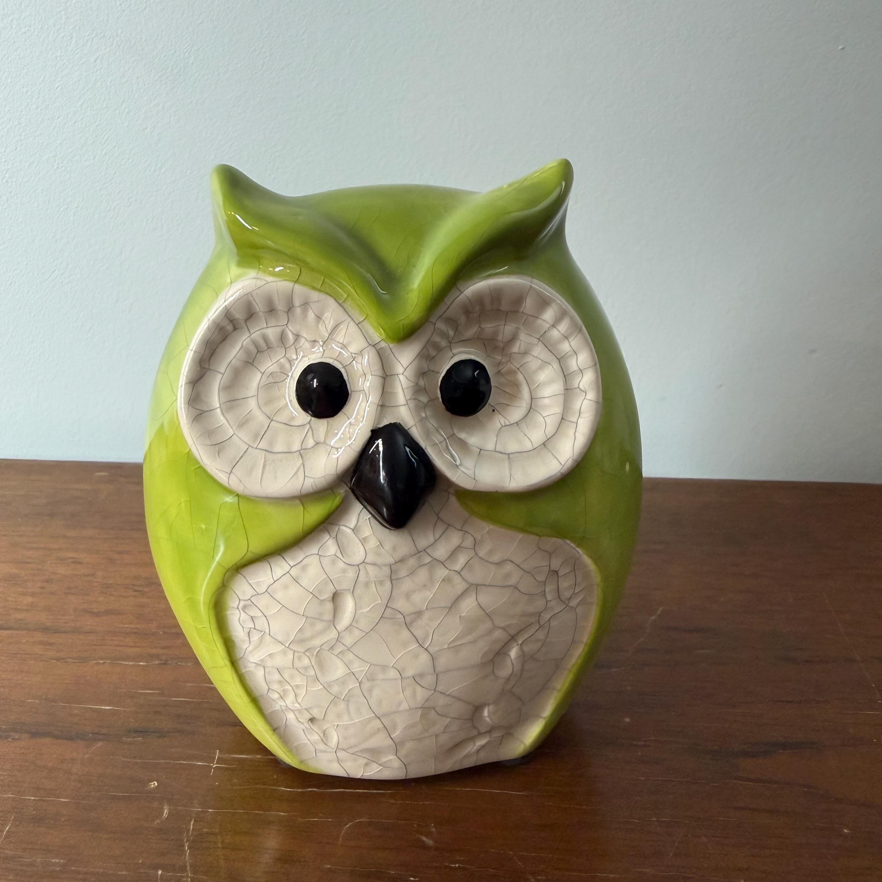 Vintage Lime Green Glazed Ceramic Owl Figurine, Mid Century Retro Crackle Glaze Owl Statue