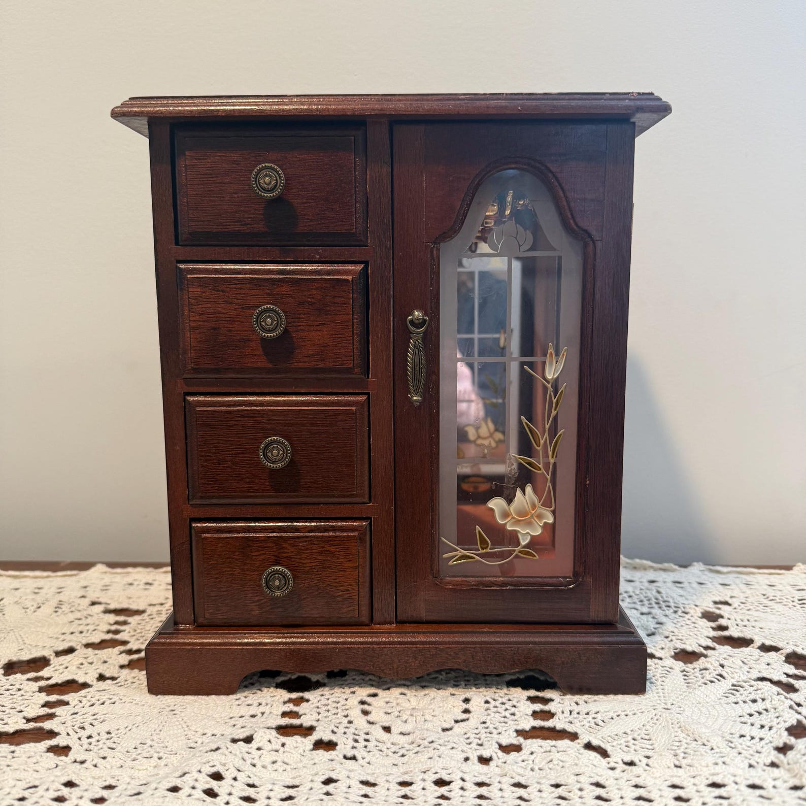 Vintage 1976 Mele Wooden Jewelry Armoire Music Box | Walnut 4 Drawer Brass Knobs | Etched Glass Floral Door Cabinet Coquette Vanity Decor