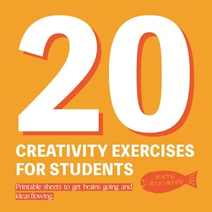 Puede incluir: Un fondo naranja con el número "20" en blanco con una sombra roja. Debajo está el texto "CREATIVITY EXERCISES FOR STUDENTS". El texto "Printable sheets to get brains going and ideas flowing" está debajo. Un gráfico de pez rojo con el nombre "KATE ATKINSON" está a la derecha.