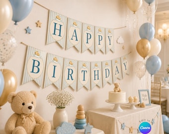 Modello di striscione per il primo compleanno di Beary, striscione di compleanno con orsacchiotto, modello Canva modificabile, decorazioni per il compleanno di un bambino, striscione modificabile