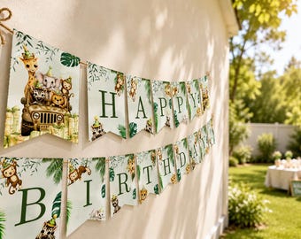 Modello di banner Wild One modificabile, ghirlanda di buon compleanno Safari, decorazioni per feste a tema giungla, stampa su tela verde neutro per il primo compleanno