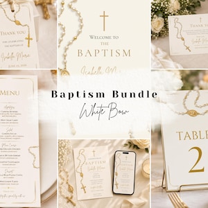 Peut inclure: Un ensemble de papeterie pour baptême composé de cartes blanches avec des accents dorés, des illustrations de chapelet et une croix. Le lot comprend un menu, une étiquette de remerciement, un panneau d'accueil, un numéro de table et une invitation.