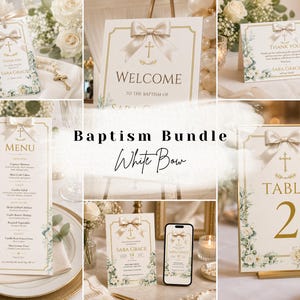 Peut inclure: Un ensemble de papeterie de baptême avec un nœud blanc, une croix dorée et des motifs floraux. Il comprend un panneau de bienvenue, un menu, un numéro de table, une carte de remerciement et une invitation. Texte : "Welcome", "Menu", "Table 2".