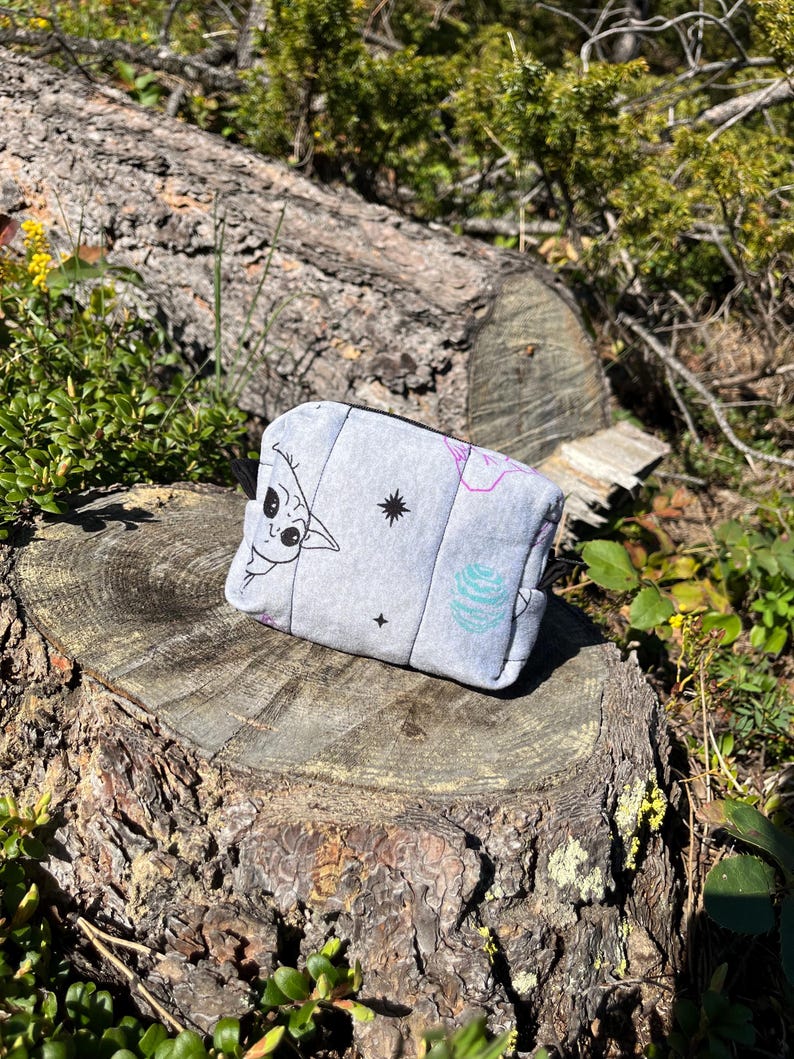 Puede incluir: Un peque&ntilde;o neceser acolchado gris con un personaje de dibujos animados, estrellas y otros dise&ntilde;os. La bolsa es rectangular con esquinas redondeadas y descansa sobre un toc&oacute;n de &aacute;rbol en un entorno natural.