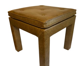 Vintage Parsons Style Brown Faux Leather Tufted Stool