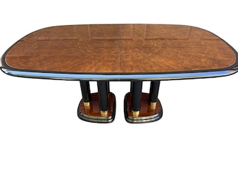 Drexel Profiles Dining Table, Burl Wood Sunburst Top, Brass Pedestal Base, Two Leaves, Postmodern