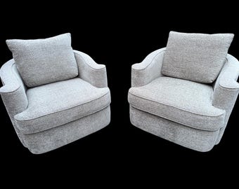 Bernhardt Tara Swivel Arm Chairs, Pair, Sage Green Upholstery, Curved Arms, USA Made