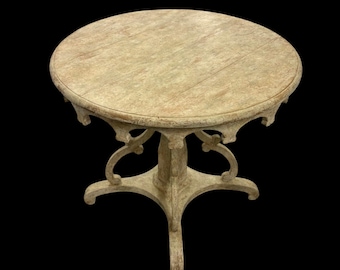 Rose Tarlow Nantucket Side Table, Attributed, Chipped White Paint, Scrollwork, Coastal Accent Table