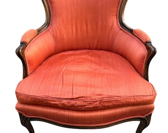 Meyer Gunther Martini French Bergère Chair, Coral Silk, Down Cushion, Louis XV Style