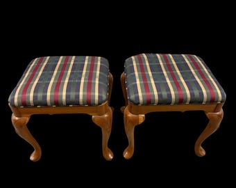 Harden Queen Anne Cherry Wood Stools, Pair, Cabriole Legs, Carved, Reupholster Ready