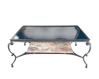 Baroque Coffee Table, Attributed to Sherrill, Scrolled Iron Frame, Stone Shelf, Glass Top